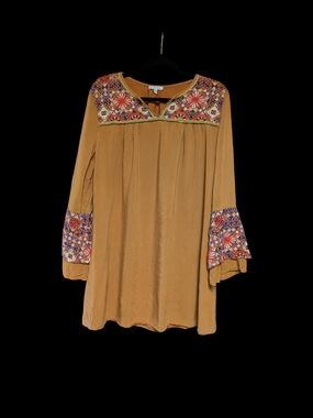 JODIFL Mustard Long Sleeve Boho Tunic Dress/Shirt With Embroidered Yoke , Lined.